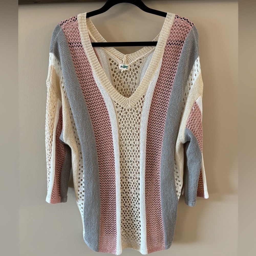 POL Striped Open-Knit V-Neck Sweater in Cream, Dusty Pink & Gray